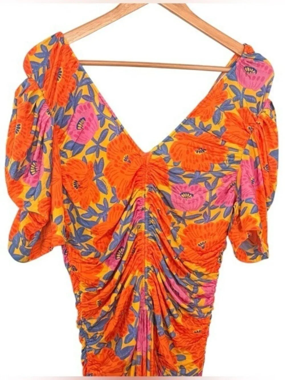 ANTHROPOLOGIE Farm Rio Short Sleeve Ruched Midi Dress Tropical Floral Size M NEW - Picture 5 of 11